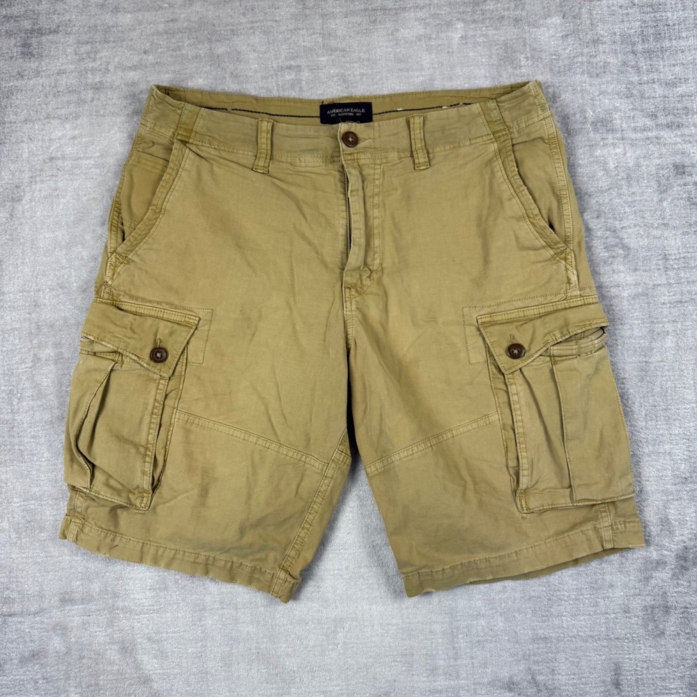 American Eagle Shorts Mens 34 Khaki Tan Stretch Longer Length Cargo Utility Y2K